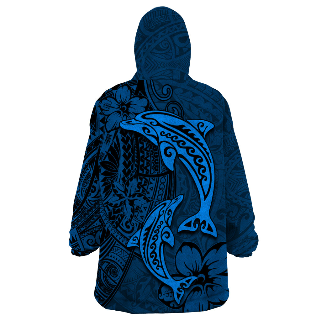 Polynesian Dolphin Valentine Day Wearable Blanket Hoodie Hibiscus and Tribal Tattoo Blue Style LT03 - Polynesian Pride