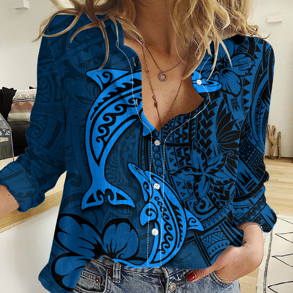 Polynesian Dolphin Valentine Day Women Casual Shirt Hibiscus and Tribal Tattoo Blue Style LT03 Female Blue - Polynesian Pride