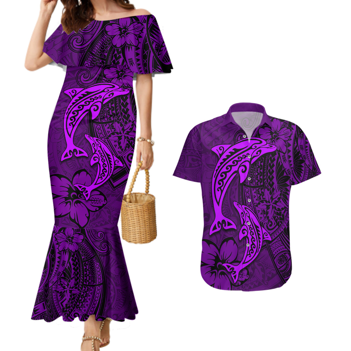 Polynesian Dolphin Valentine Day Couples Matching Mermaid Dress and Hawaiian Shirt Hibiscus and Tribal Tattoo Purple Style LT03 Purple - Polynesian Pride