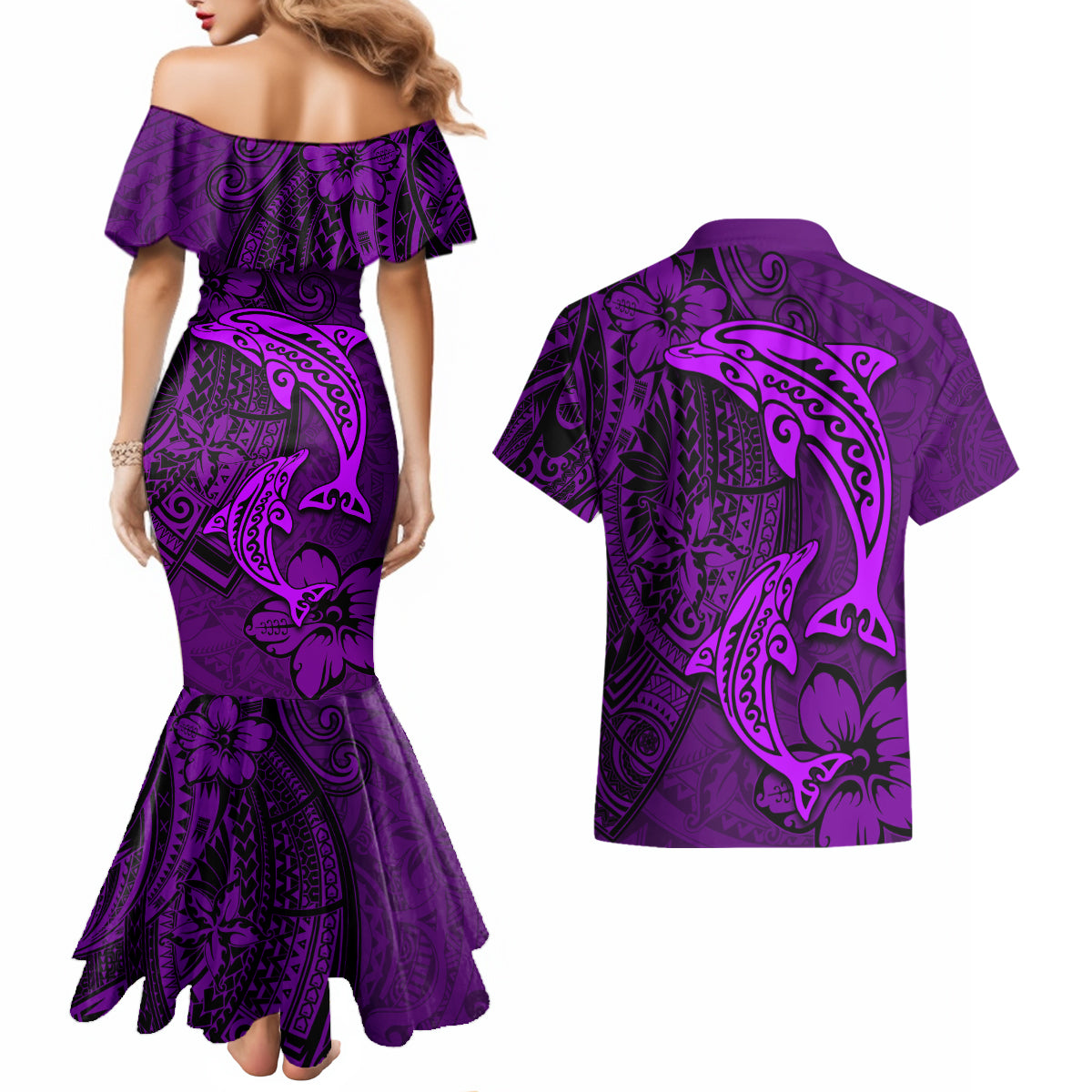 Polynesian Dolphin Valentine Day Couples Matching Mermaid Dress and Hawaiian Shirt Hibiscus and Tribal Tattoo Purple Style LT03 - Polynesian Pride