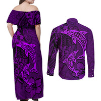 Polynesian Dolphin Valentine Day Couples Matching Off Shoulder Maxi Dress and Long Sleeve Button Shirt Hibiscus and Tribal Tattoo Purple Style LT03 - Polynesian Pride