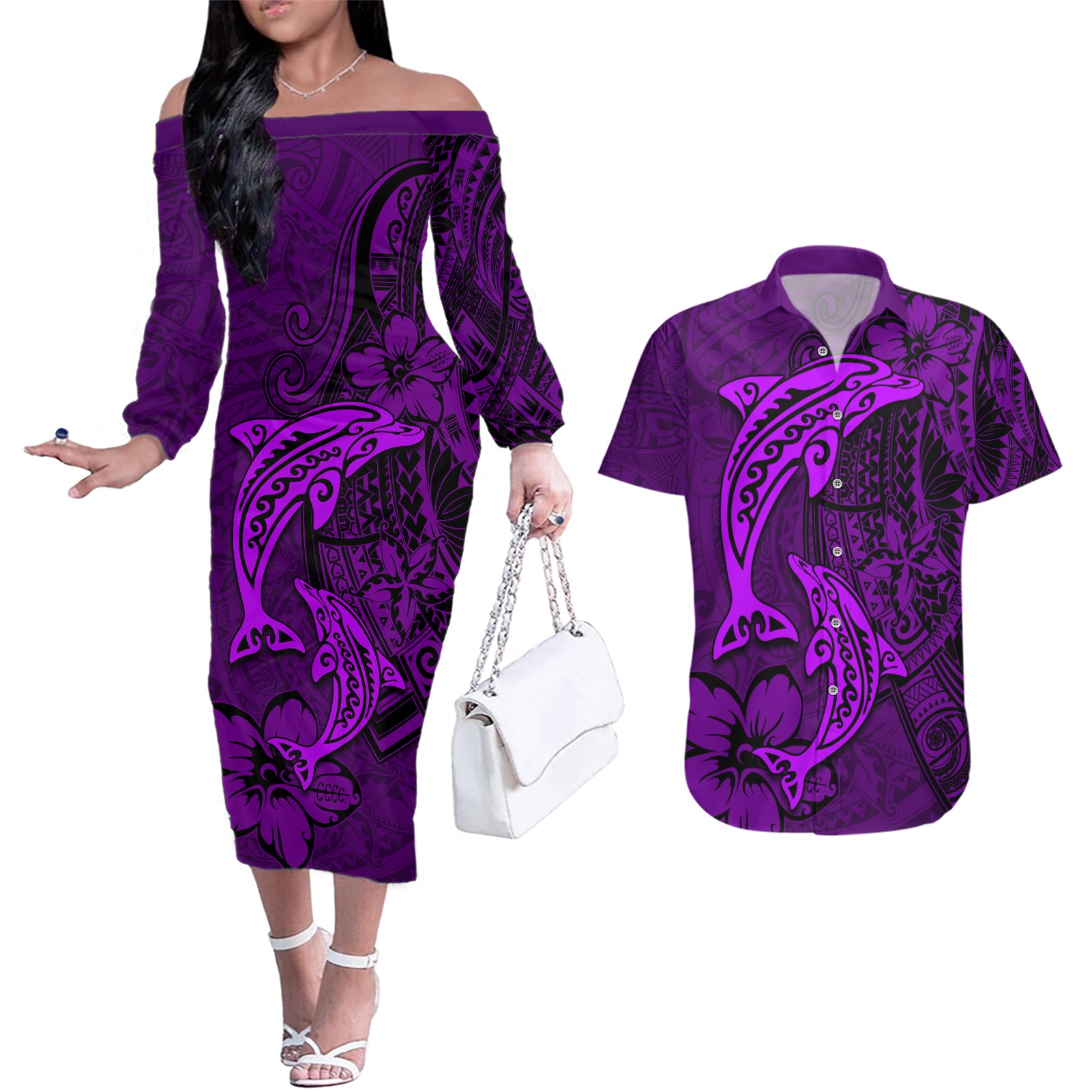 Polynesian Dolphin Valentine Day Couples Matching Off The Shoulder Long Sleeve Dress and Hawaiian Shirt Hibiscus and Tribal Tattoo Purple Style LT03 Purple - Polynesian Pride