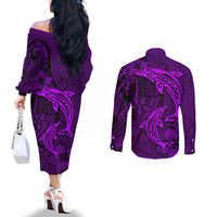 Polynesian Dolphin Valentine Day Couples Matching Off The Shoulder Long Sleeve Dress and Long Sleeve Button Shirt Hibiscus and Tribal Tattoo Purple Style LT03 - Polynesian Pride