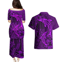 Polynesian Dolphin Valentine Day Couples Matching Puletasi and Hawaiian Shirt Hibiscus and Tribal Tattoo Purple Style LT03 - Polynesian Pride