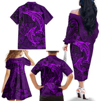 Polynesian Dolphin Valentine Day Family Matching Off Shoulder Long Sleeve Dress and Hawaiian Shirt Hibiscus and Tribal Tattoo Purple Style LT03 - Polynesian Pride