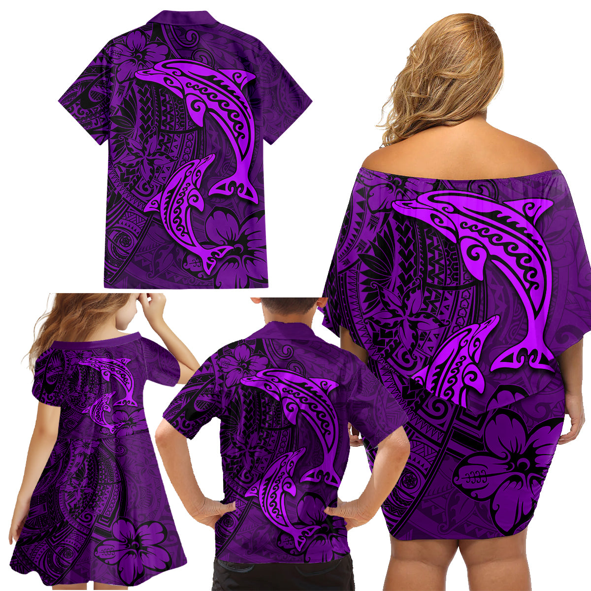 Polynesian Dolphin Valentine Day Family Matching Off Shoulder Short Dress and Hawaiian Shirt Hibiscus and Tribal Tattoo Purple Style LT03 - Polynesian Pride