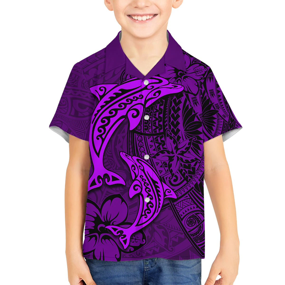 Polynesian Dolphin Valentine Day Family Matching Off Shoulder Short Dress and Hawaiian Shirt Hibiscus and Tribal Tattoo Purple Style LT03 Son's Shirt Purple - Polynesian Pride