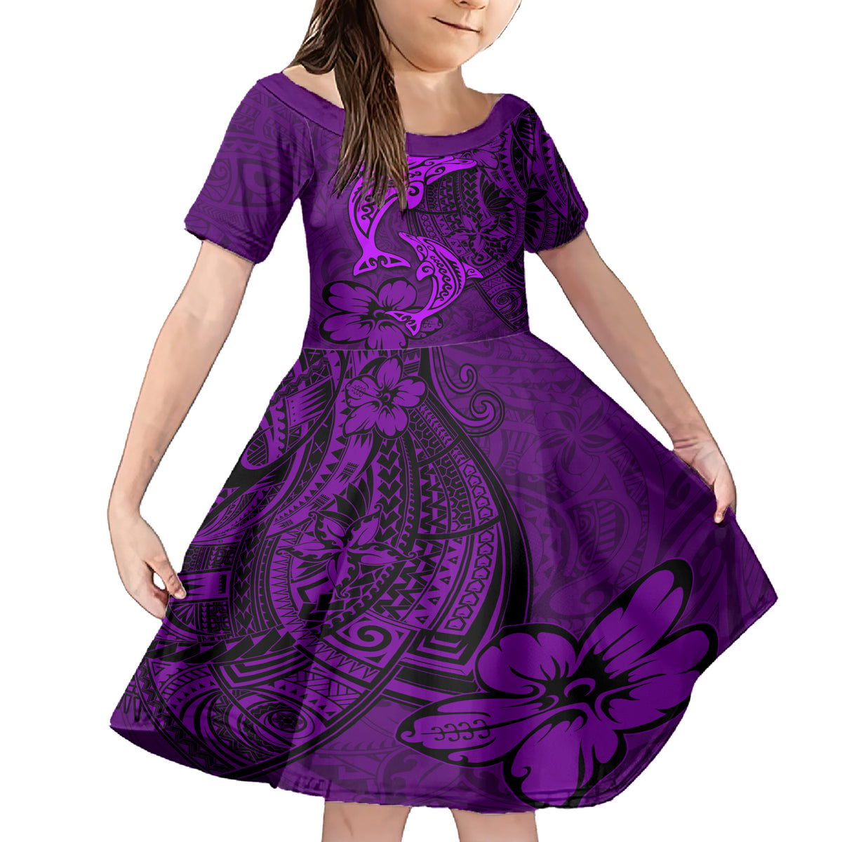 Polynesian Dolphin Valentine Day Family Matching Short Sleeve Bodycon Dress and Hawaiian Shirt Hibiscus and Tribal Tattoo Purple Style LT03 Daughter's Dress Purple - Polynesian Pride