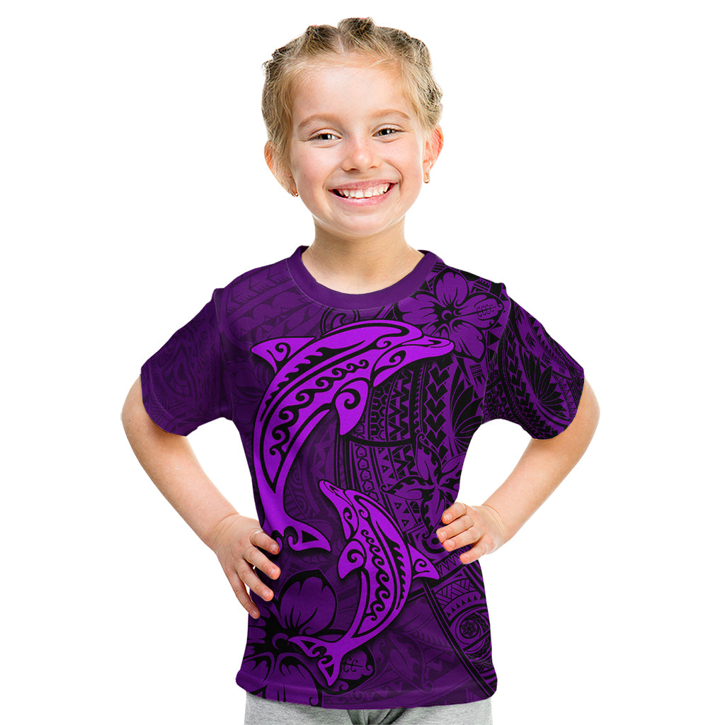 Polynesian Dolphin Valentine Day Kid T Shirt Hibiscus and Tribal Tattoo Purple Style LT03 Purple - Polynesian Pride