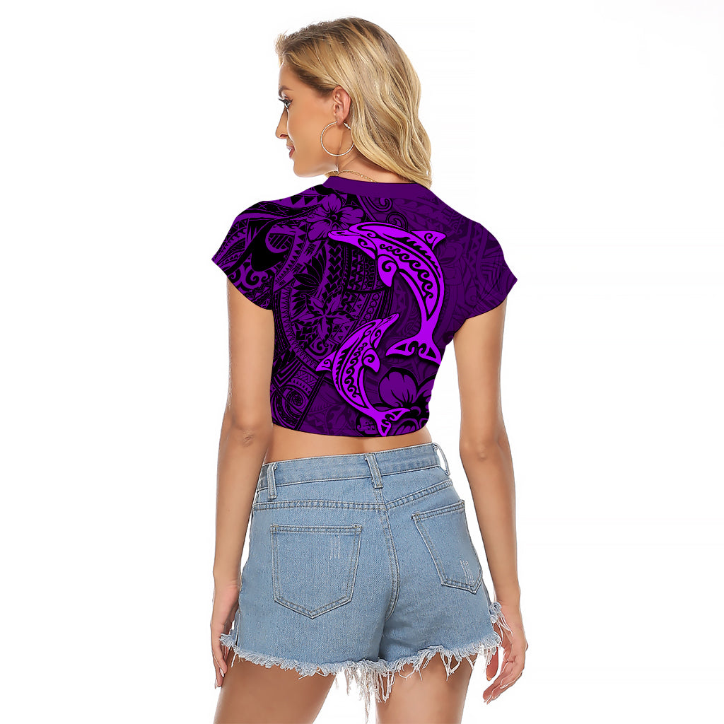 Polynesian Dolphin Valentine Day Raglan Cropped T Shirt Hibiscus and Tribal Tattoo Purple Style LT03 - Polynesian Pride