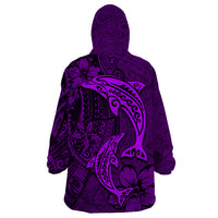 Polynesian Dolphin Valentine Day Wearable Blanket Hoodie Hibiscus and Tribal Tattoo Purple Style LT03 - Polynesian Pride