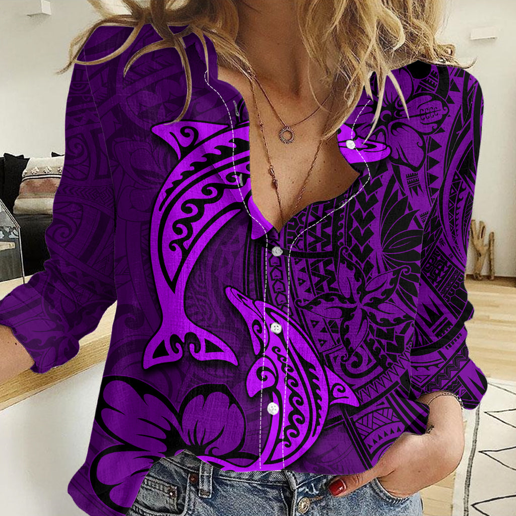 Polynesian Dolphin Valentine Day Women Casual Shirt Hibiscus and Tribal Tattoo Purple Style LT03 Female Purple - Polynesian Pride