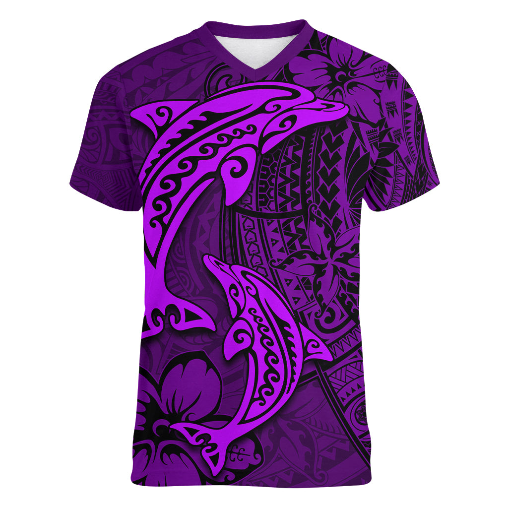 Polynesian Dolphin Valentine Day Women V Neck T Shirt Hibiscus and Tribal Tattoo Purple Style LT03 Female Purple - Polynesian Pride