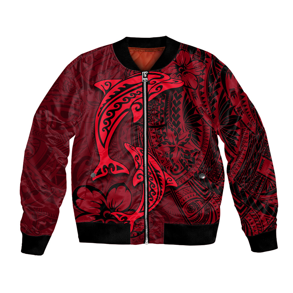 Polynesian Dolphin Valentine Day Bomber Jacket Hibiscus and Tribal Tattoo Red Style LT03 Unisex Red - Polynesian Pride