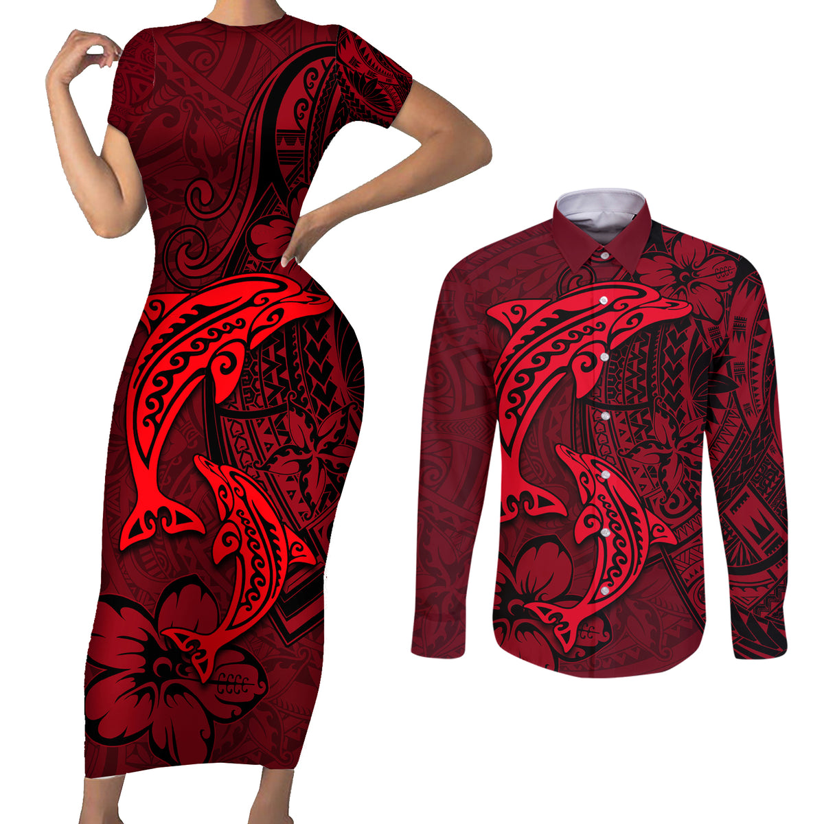 Polynesian Dolphin Valentine Day Couples Matching Short Sleeve Bodycon Dress and Long Sleeve Button Shirt Hibiscus and Tribal Tattoo Red Style LT03 Red - Polynesian Pride