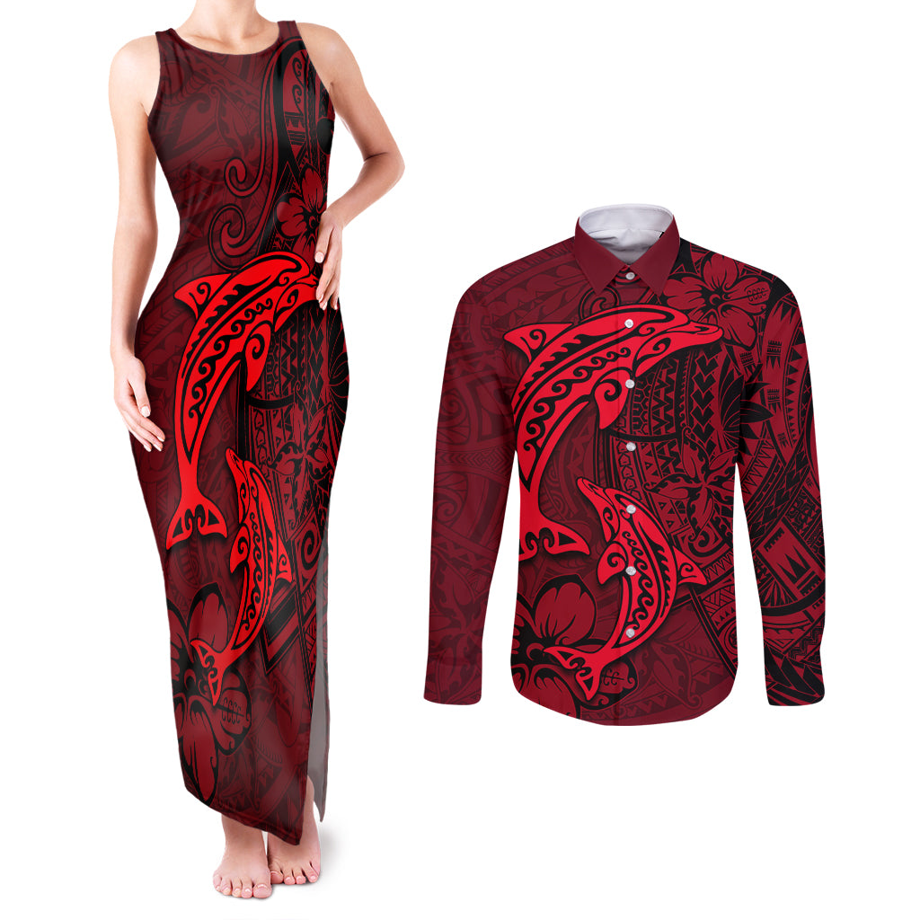 Polynesian Dolphin Valentine Day Couples Matching Tank Maxi Dress and Long Sleeve Button Shirt Hibiscus and Tribal Tattoo Red Style LT03 Red - Polynesian Pride