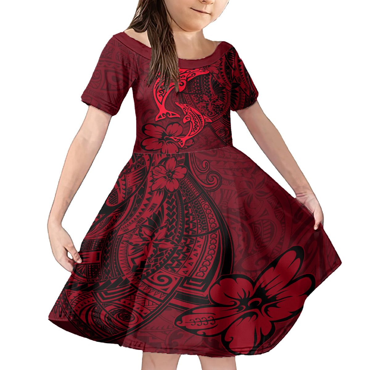 Polynesian Dolphin Valentine Day Family Matching Long Sleeve Bodycon Dress and Hawaiian Shirt Hibiscus and Tribal Tattoo Red Style LT03 Daughter's Dress Red - Polynesian Pride