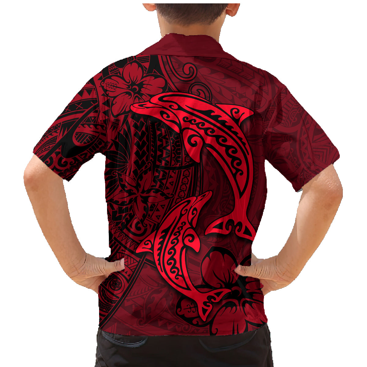 Polynesian Dolphin Valentine Day Family Matching Mermaid Dress and Hawaiian Shirt Hibiscus and Tribal Tattoo Red Style LT03 - Polynesian Pride