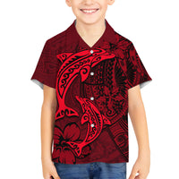 Polynesian Dolphin Valentine Day Family Matching Off Shoulder Short Dress and Hawaiian Shirt Hibiscus and Tribal Tattoo Red Style LT03 Son's Shirt Red - Polynesian Pride