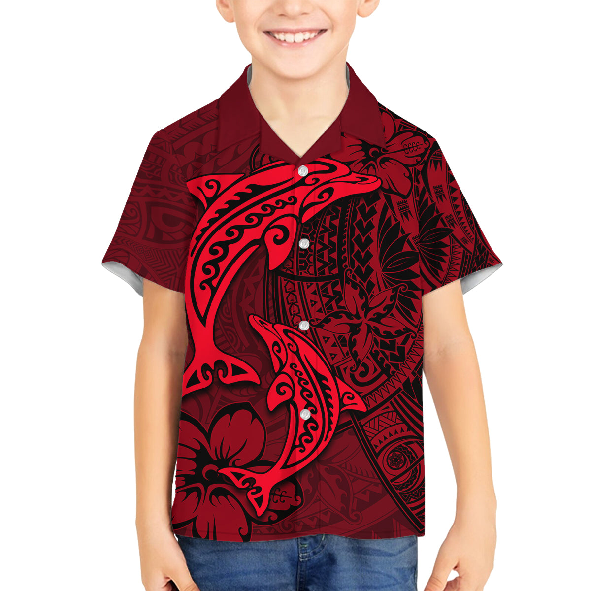 Polynesian Dolphin Valentine Day Family Matching Puletasi and Hawaiian Shirt Hibiscus and Tribal Tattoo Red Style LT03 Son's Shirt Red - Polynesian Pride