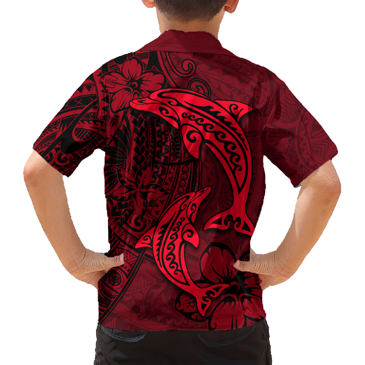Polynesian Dolphin Valentine Day Family Matching Short Sleeve Bodycon Dress and Hawaiian Shirt Hibiscus and Tribal Tattoo Red Style LT03 - Polynesian Pride