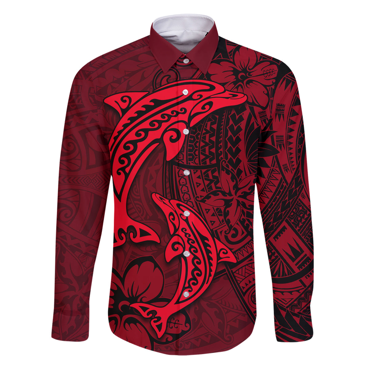 Polynesian Dolphin Valentine Day Family Matching Tank Maxi Dress and Hawaiian Shirt Hibiscus and Tribal Tattoo Red Style LT03 Dad's Shirt - Long Sleeve Red - Polynesian Pride