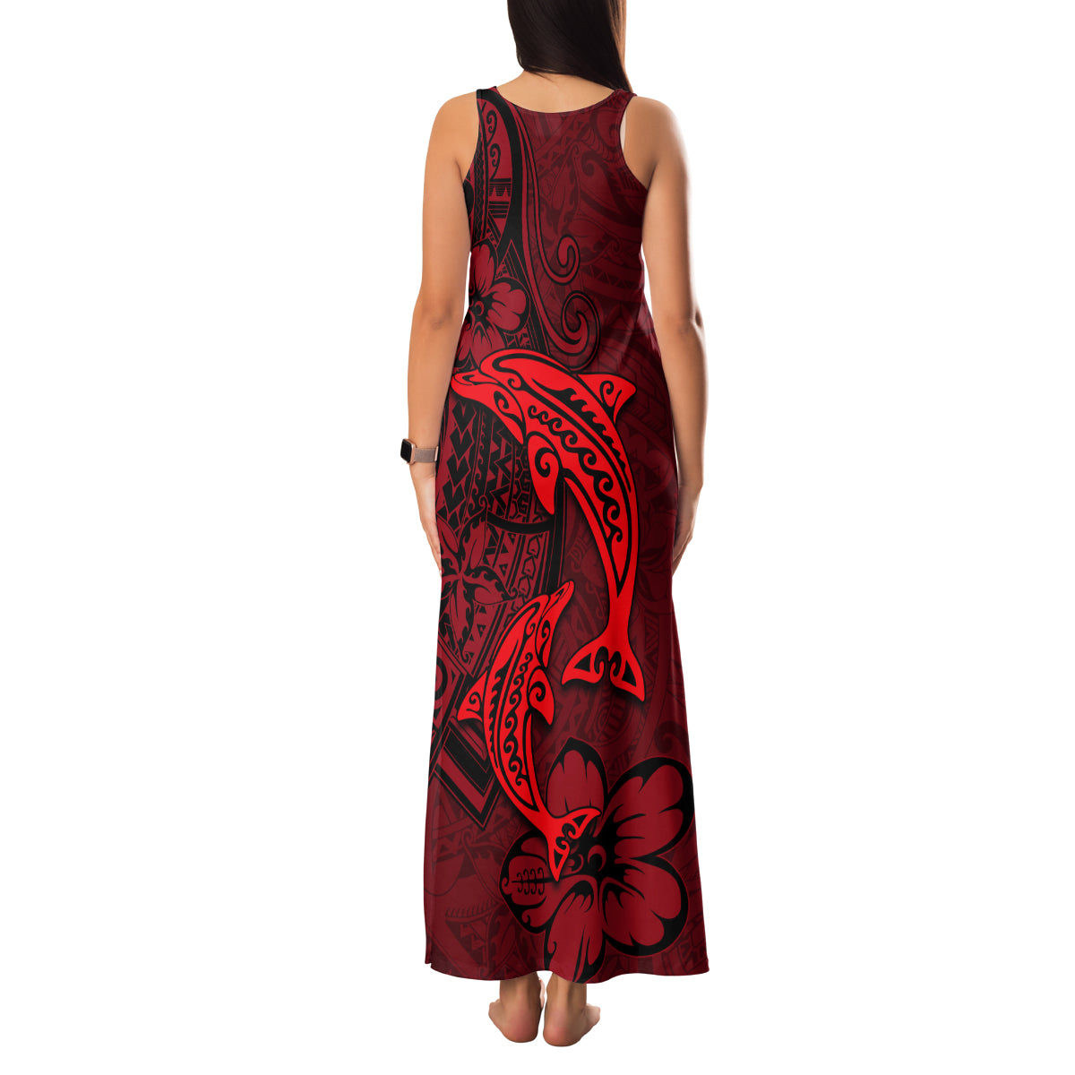 Polynesian Dolphin Valentine Day Family Matching Tank Maxi Dress and Hawaiian Shirt Hibiscus and Tribal Tattoo Red Style LT03 - Polynesian Pride
