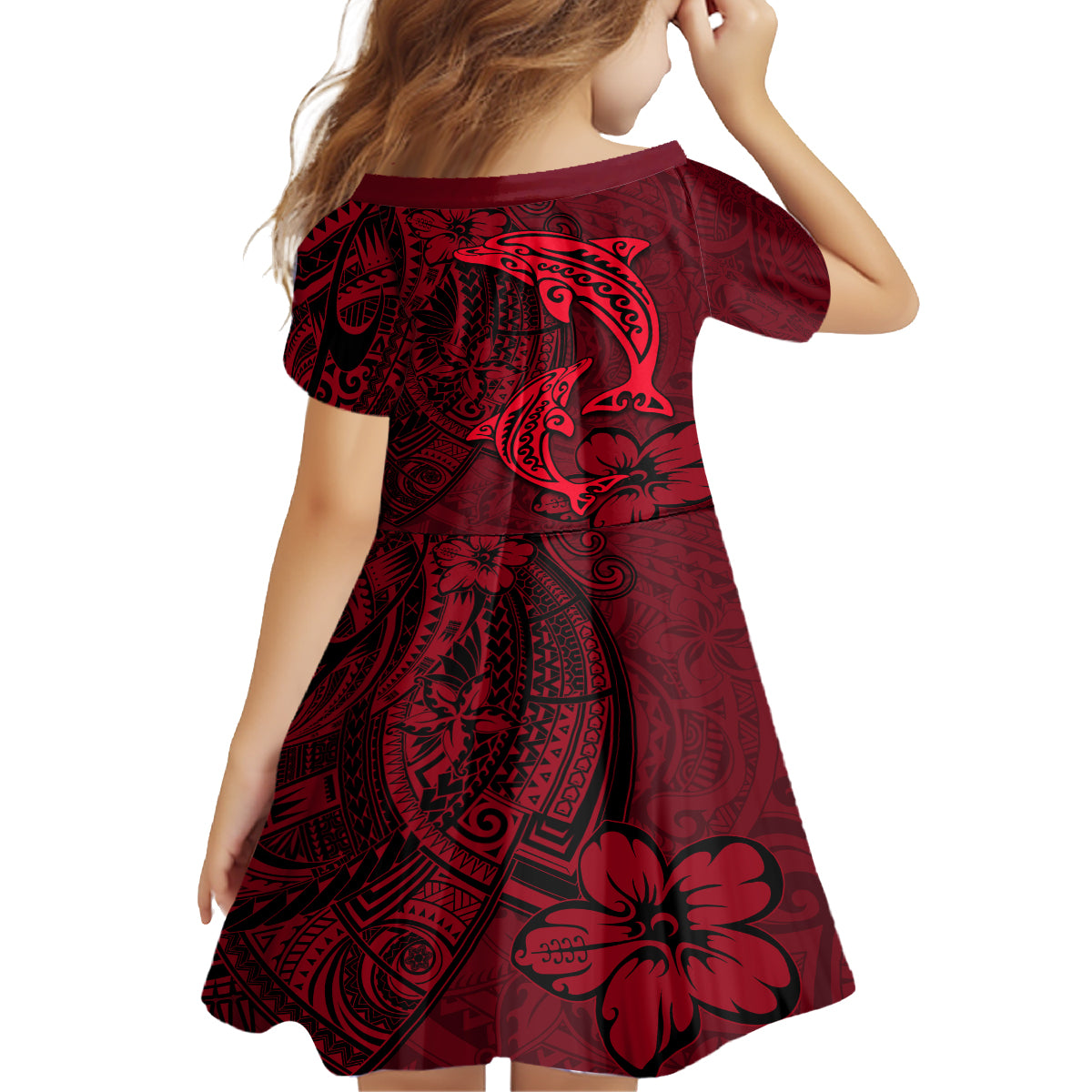 Polynesian Dolphin Valentine Day Kid Short Sleeve Dress Hibiscus and Tribal Tattoo Red Style LT03 - Polynesian Pride