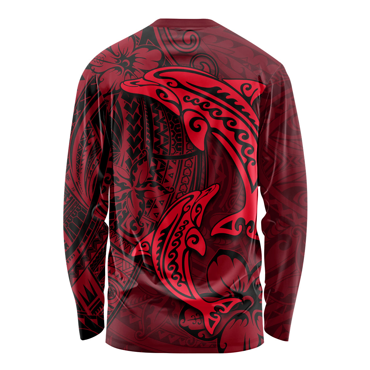 Polynesian Dolphin Valentine Day Long Sleeve Shirt Hibiscus and Tribal Tattoo Red Style LT03 - Polynesian Pride