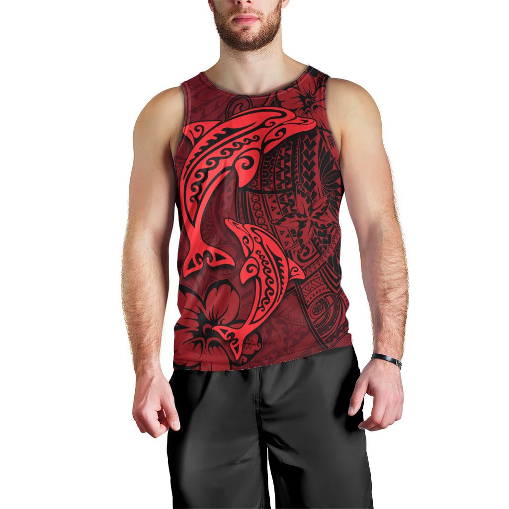 Polynesian Dolphin Valentine Day Men Tank Top Hibiscus and Tribal Tattoo Red Style LT03 - Polynesian Pride