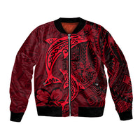 Polynesian Dolphin Valentine Day Sleeve Zip Bomber Jacket Hibiscus and Tribal Tattoo Red Style LT03 Unisex Red - Polynesian Pride