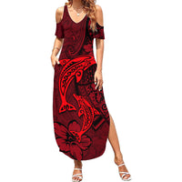 Polynesian Dolphin Valentine Day Summer Maxi Dress Hibiscus and Tribal Tattoo Red Style LT03 Women Red - Polynesian Pride
