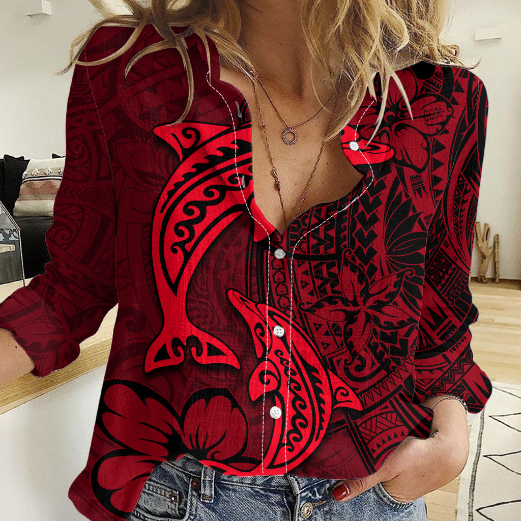 Polynesian Dolphin Valentine Day Women Casual Shirt Hibiscus and Tribal Tattoo Red Style LT03 Female Red - Polynesian Pride