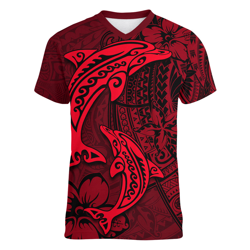 Polynesian Dolphin Valentine Day Women V Neck T Shirt Hibiscus and Tribal Tattoo Red Style LT03 Female Red - Polynesian Pride