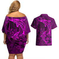 Polynesian Dolphin Valentine Day Couples Matching Off Shoulder Short Dress and Hawaiian Shirt Hibiscus and Tribal Tattoo Pink Style LT03 - Polynesian Pride