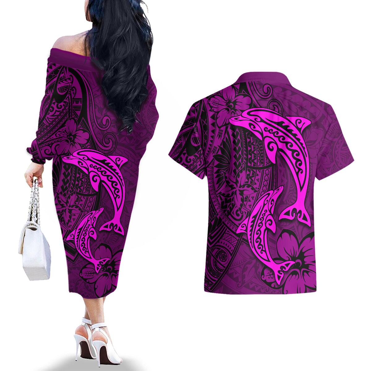 Polynesian Dolphin Valentine Day Couples Matching Off The Shoulder Long Sleeve Dress and Hawaiian Shirt Hibiscus and Tribal Tattoo Pink Style LT03 - Polynesian Pride