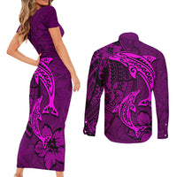 Polynesian Dolphin Valentine Day Couples Matching Short Sleeve Bodycon Dress and Long Sleeve Button Shirt Hibiscus and Tribal Tattoo Pink Style LT03 - Polynesian Pride