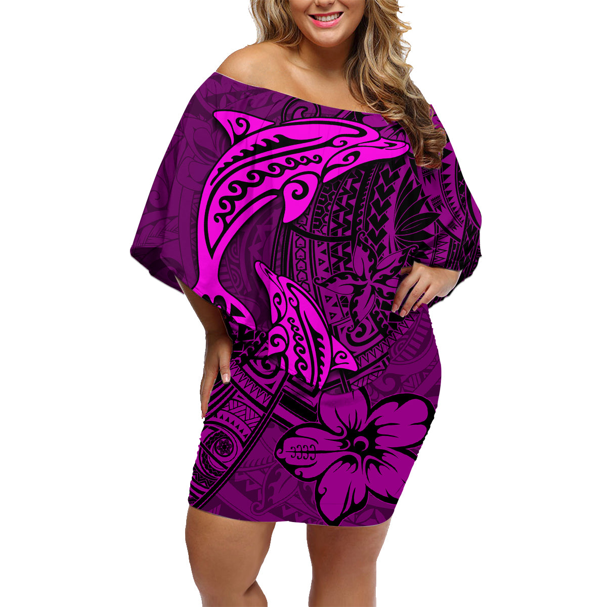 Polynesian Dolphin Valentine Day Family Matching Off Shoulder Short Dress and Hawaiian Shirt Hibiscus and Tribal Tattoo Pink Style LT03 Mom's Dress Pink - Polynesian Pride