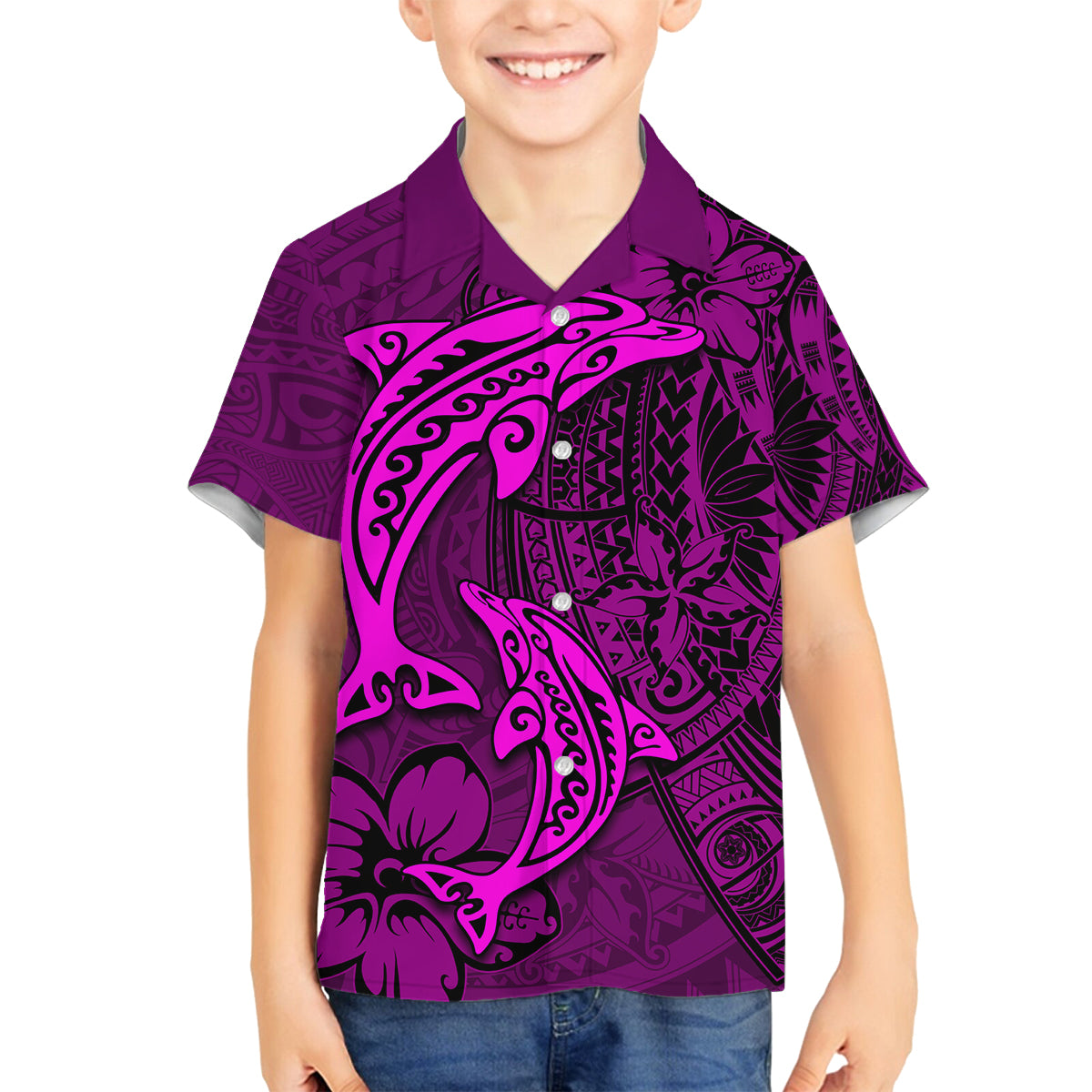Polynesian Dolphin Valentine Day Family Matching Puletasi and Hawaiian Shirt Hibiscus and Tribal Tattoo Pink Style LT03 Son's Shirt Pink - Polynesian Pride