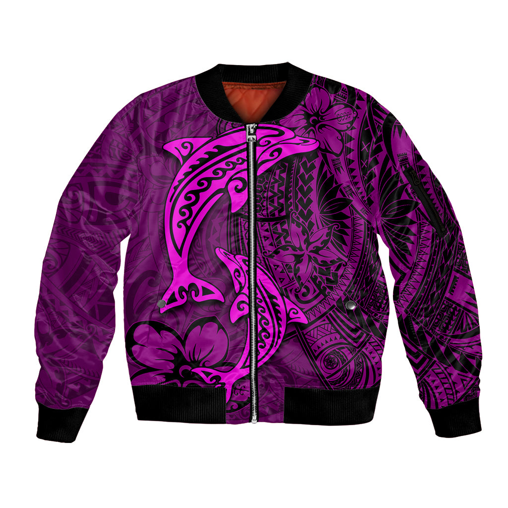 Polynesian Dolphin Valentine Day Sleeve Zip Bomber Jacket Hibiscus and Tribal Tattoo Pink Style LT03 Unisex Pink - Polynesian Pride