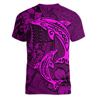 Polynesian Dolphin Valentine Day Women V Neck T Shirt Hibiscus and Tribal Tattoo Pink Style LT03 - Polynesian Pride