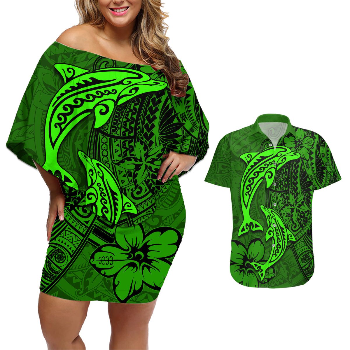 Polynesian Dolphin Valentine Day Couples Matching Off Shoulder Short Dress and Hawaiian Shirt Hibiscus and Tribal Tattoo Green Style LT03 Green - Polynesian Pride