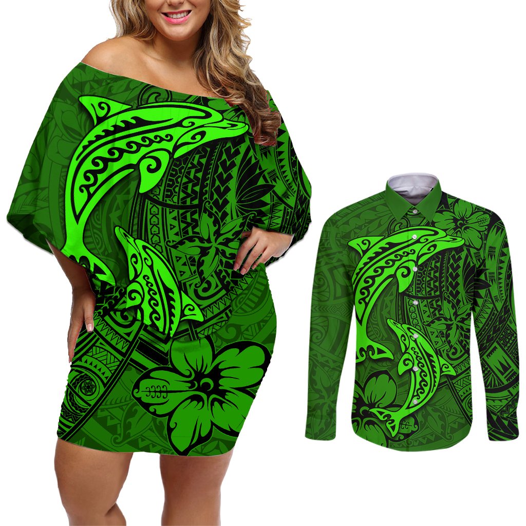 Polynesian Dolphin Valentine Day Couples Matching Off Shoulder Short Dress and Long Sleeve Button Shirt Hibiscus and Tribal Tattoo Green Style LT03 Green - Polynesian Pride