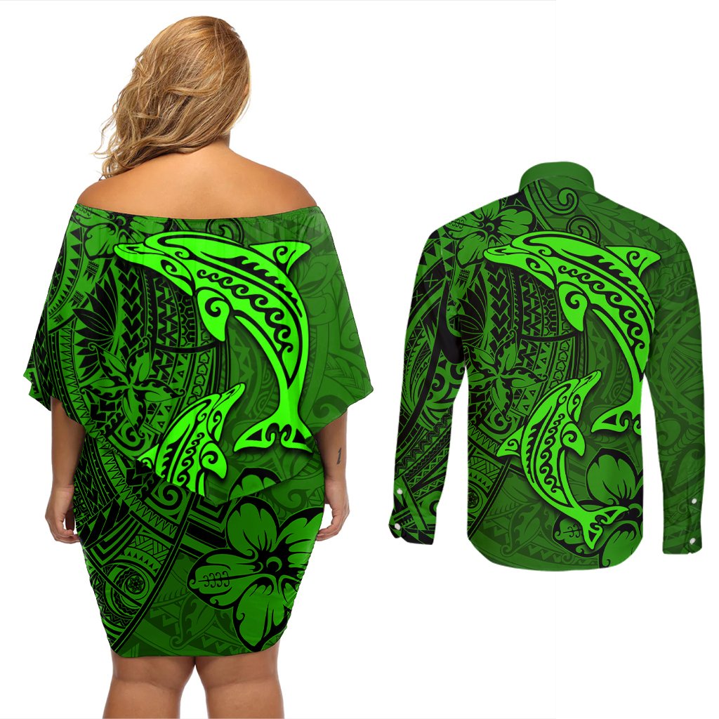 Polynesian Dolphin Valentine Day Couples Matching Off Shoulder Short Dress and Long Sleeve Button Shirt Hibiscus and Tribal Tattoo Green Style LT03 - Polynesian Pride