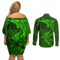 Polynesian Dolphin Valentine Day Couples Matching Off Shoulder Short Dress and Long Sleeve Button Shirt Hibiscus and Tribal Tattoo Green Style LT03 - Polynesian Pride