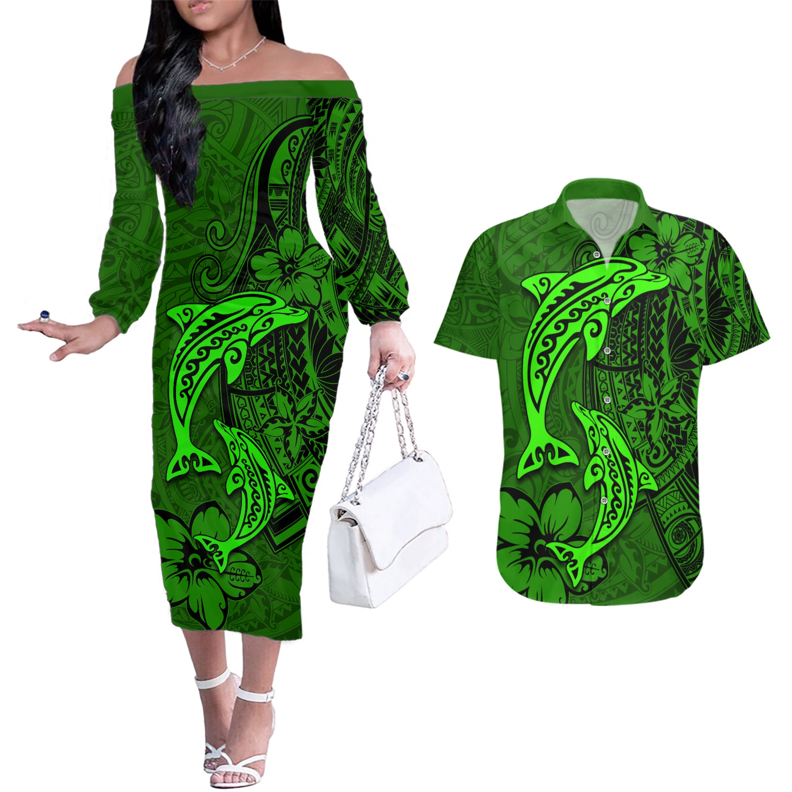 Polynesian Dolphin Valentine Day Couples Matching Off The Shoulder Long Sleeve Dress and Hawaiian Shirt Hibiscus and Tribal Tattoo Green Style LT03 Green - Polynesian Pride