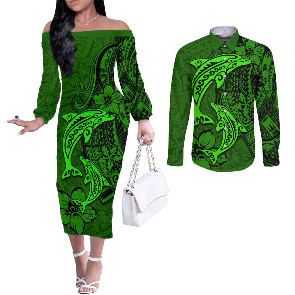 Polynesian Dolphin Valentine Day Couples Matching Off The Shoulder Long Sleeve Dress and Long Sleeve Button Shirt Hibiscus and Tribal Tattoo Green Style LT03 Green - Polynesian Pride
