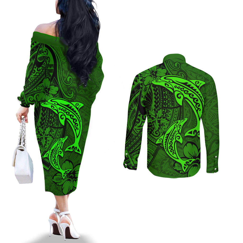 Polynesian Dolphin Valentine Day Couples Matching Off The Shoulder Long Sleeve Dress and Long Sleeve Button Shirt Hibiscus and Tribal Tattoo Green Style LT03 - Polynesian Pride