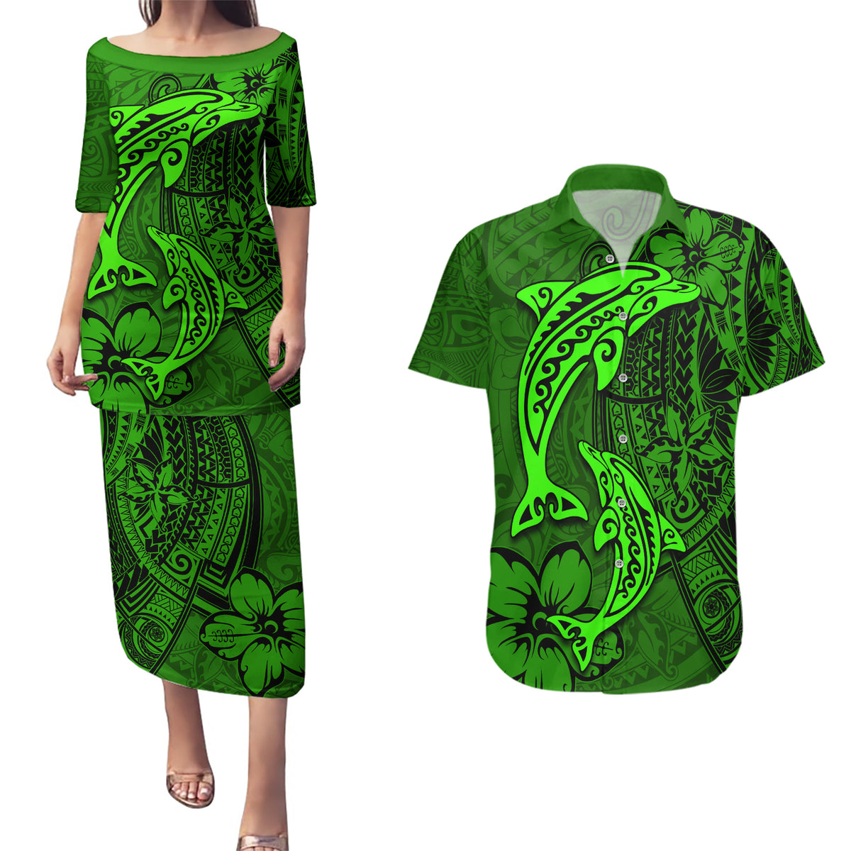 Polynesian Dolphin Valentine Day Couples Matching Puletasi and Hawaiian Shirt Hibiscus and Tribal Tattoo Green Style LT03 Green - Polynesian Pride