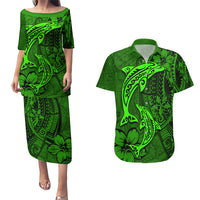 Polynesian Dolphin Valentine Day Couples Matching Puletasi and Hawaiian Shirt Hibiscus and Tribal Tattoo Green Style LT03 Green - Polynesian Pride